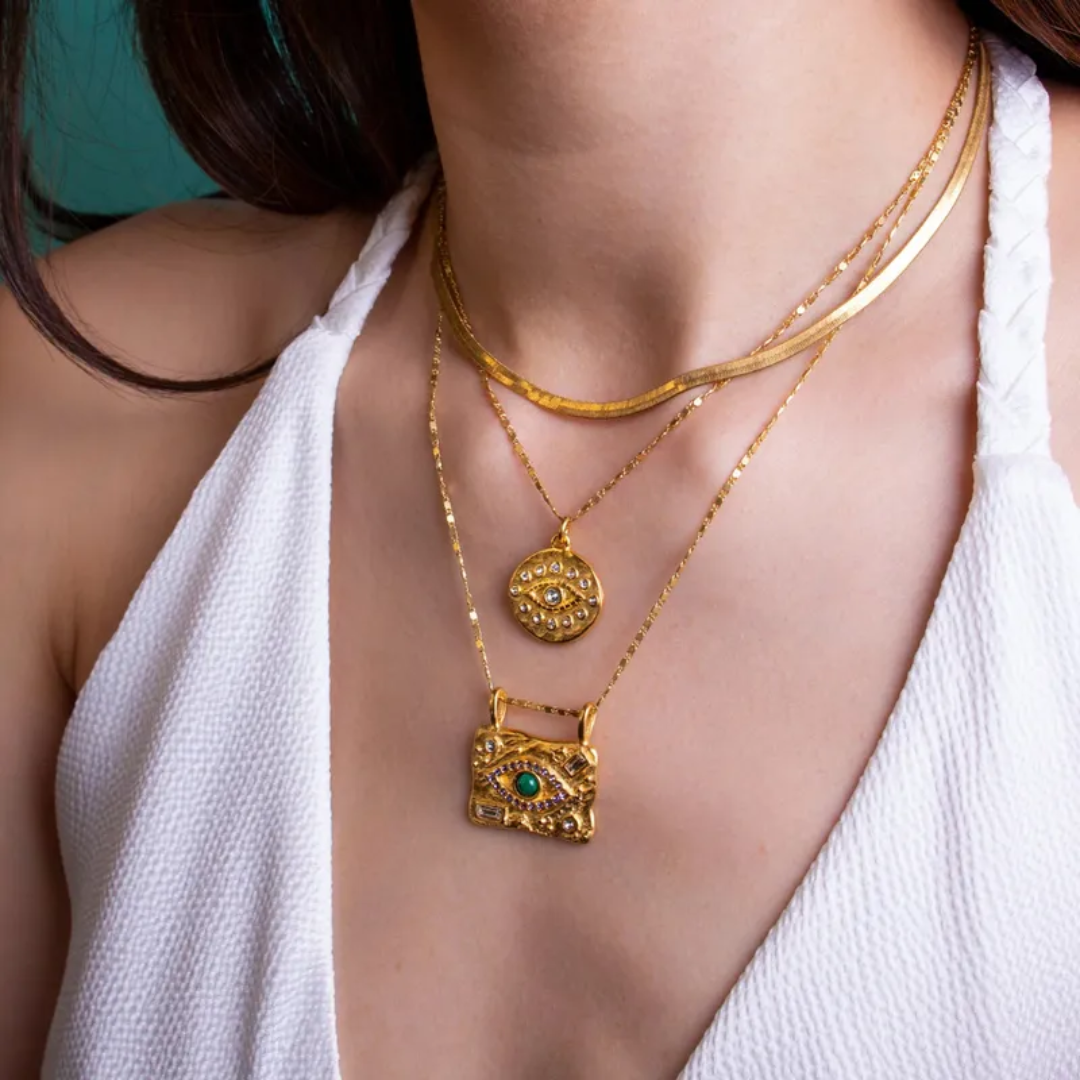 18K Gold Evil Eye Rectangle Pendant Necklace