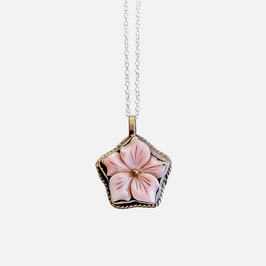 Pink Opal Flower Sterling Silver Necklace