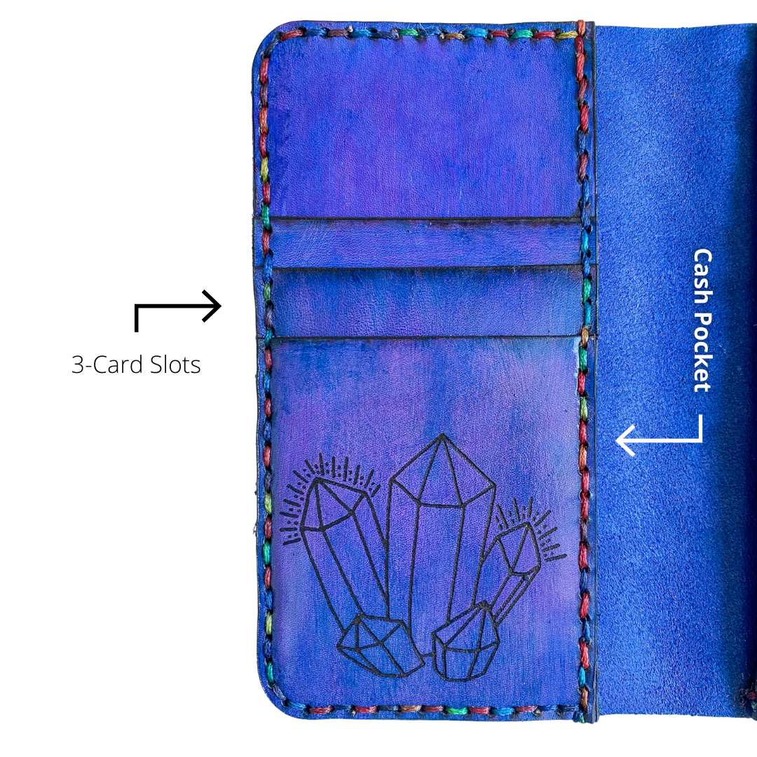 Photo of a purple leather wallet with celestial designs and rainbow stitching on white background