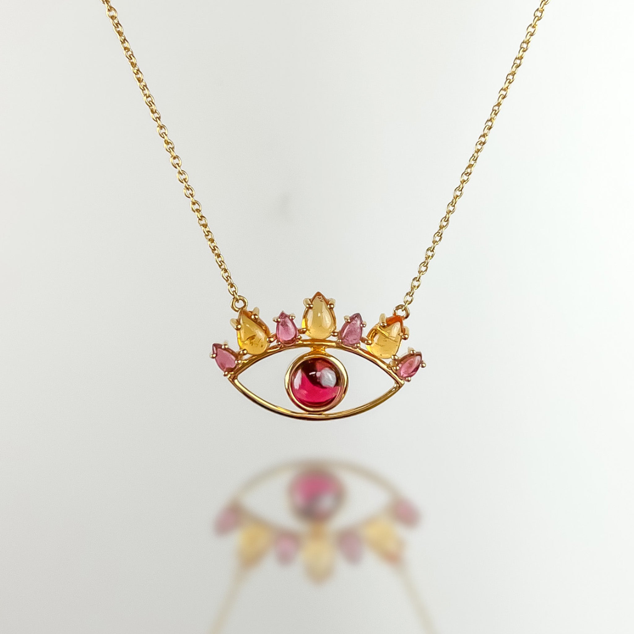 Balanced Outlook - Garnet 14K Gold Evil Eye Necklace