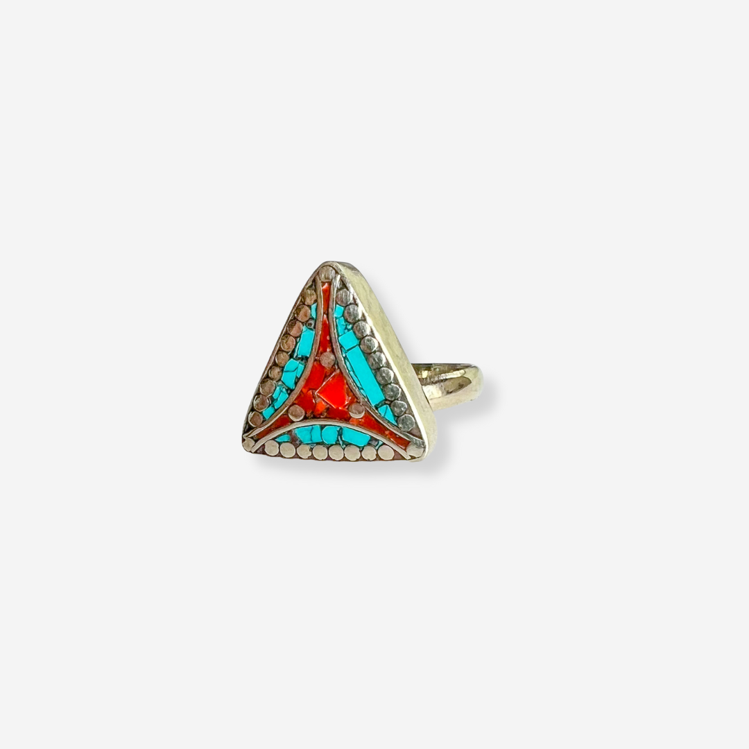Turquoise & Carnelian Inlay Silver Triangle Ring
