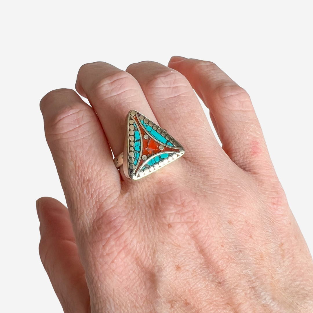 Turquoise & Carnelian Inlay Silver Triangle Ring