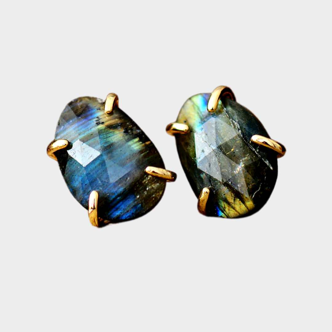 Labradorite Gold Stud Earrings With Prong Setting