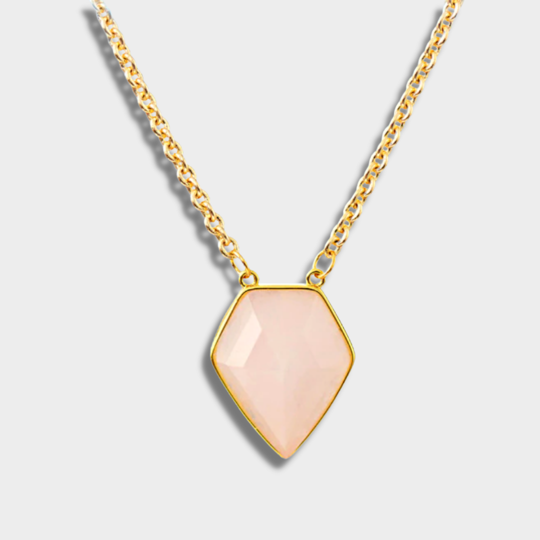 Rose Quartz Pentagon Shape Gold Necklace